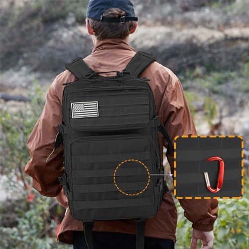 45L Military Tactical Backpacks Large Molle Army Assault Pack 3 Day Bug Out Bag Laptop Bag for Hiking Treeking Black Hunting Rucksack with 4 Flag Patches (Black) - Image 7