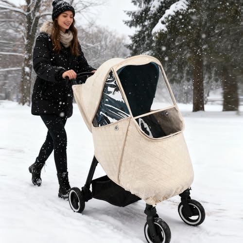 Bebamour Stroller Rain Cover Universal Stroller Accessory, Waterproof, Windproof Protection, Protect from Dust Snow, Baby Travel Weather Shield (Beige) - Image 9
