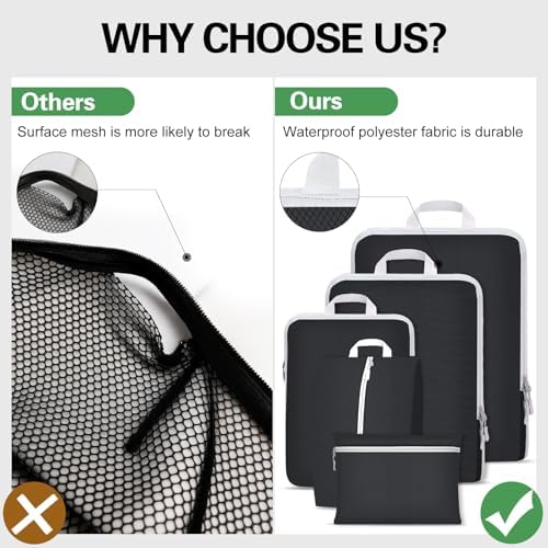 Compression Packing Cubes for Suitcases,Suitcase Organiser Bags,Travel Packing Cubes Compression Set for Backpack,Packing Organisers,Waterproof Travel Organiser Packing Bags (Black, 5 Pack) - Image 5