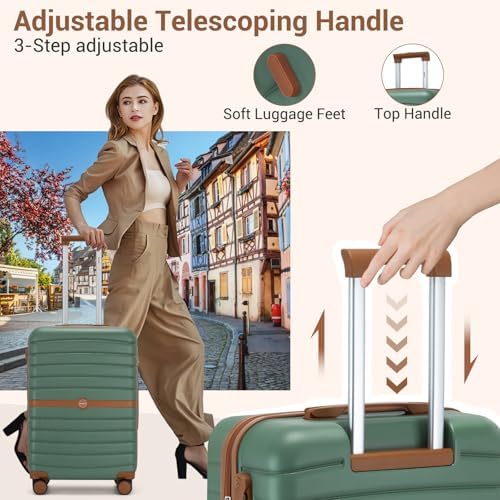Kono Cabin Suitcase 55x40x20 Lightweight ABS + PC Hard Shell Carry On Trolley Case Small Travel Hand Luggage with 3 Digit Combination Lock Spinner Wheels (Green/Brown) - Image 3