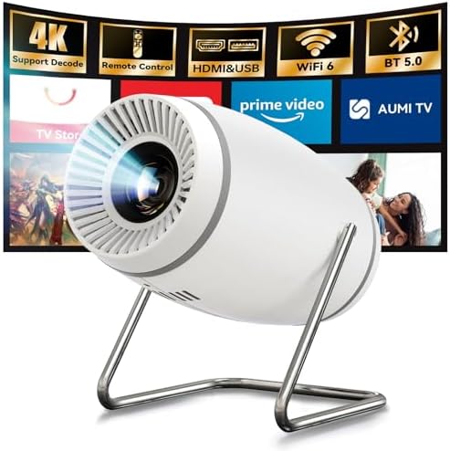 Mini Projector with WiFi 6 and Bluetooth 5.0, Portable Smart Projector 4K 1080P Supported, Auto Keystone Video Projector for Bedroom Home Outdoors (White)