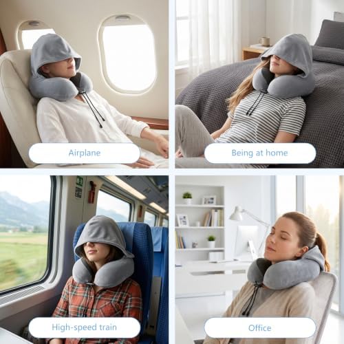 SULIVES Travel Pillow for Airplane, Memory Foam Neck Pillow with Hood, 360° Neck Support for Flights, Train and Car Travel, Soft Breathable Fabric, Compact Travel Set - Image 8