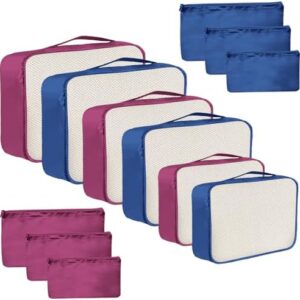 2-Tone Packing Cubes, 12 Piece Packing Cubes for Suitcases, Mesh & Flat Zip Bags, Large Medium Small Sizes, Lightweight Travel Cubes for Luggage Storage (12, Navy Burgundy)