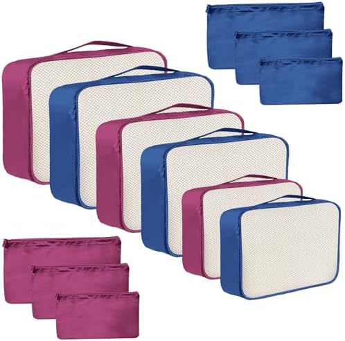 2-Tone Packing Cubes, 12 Piece Packing Cubes for Suitcases, Mesh & Flat Zip Bags, Large Medium Small Sizes, Lightweight Travel Cubes for Luggage Storage (12, Navy Burgundy)