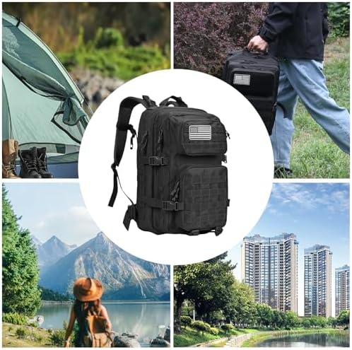 45L Military Tactical Backpacks Large Molle Army Assault Pack 3 Day Bug Out Bag Laptop Bag for Hiking Treeking Black Hunting Rucksack with 4 Flag Patches (Black) - Image 6