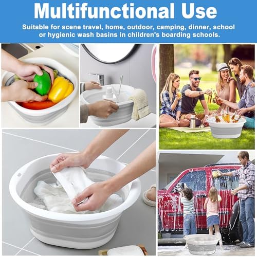 9L Collapsible Washing Up Bowl, Portable Wash Basin Silicone Plastic Basket Multipurpose Outdoor Travel Basin Camping Sink, Space Saving Folding Washtub (Gray) - Image 7