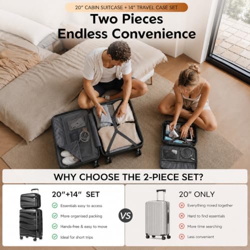 Kono Suitcase Set of 2, Lightweight Cabin Suitcase with Small Travel Case, Hard Shell PP Carry On Luggage for Short Trips, TSA Lock, Spinner Wheels & YKK Zips, Black - Image 3