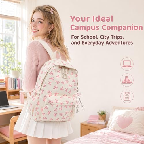 Pink Bow School Backpack for Girls, Kawaii Preppy Aesthetic Rucksack with Adjustable Straps & Cute Keychain, 15L Durable Bookbag for Teens, Primary & Secondary School Students - Image 7