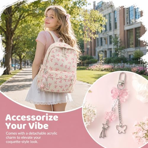 Pink Bow School Backpack for Girls, Kawaii Preppy Aesthetic Rucksack with Adjustable Straps & Cute Keychain, 15L Durable Bookbag for Teens, Primary & Secondary School Students - Image 5