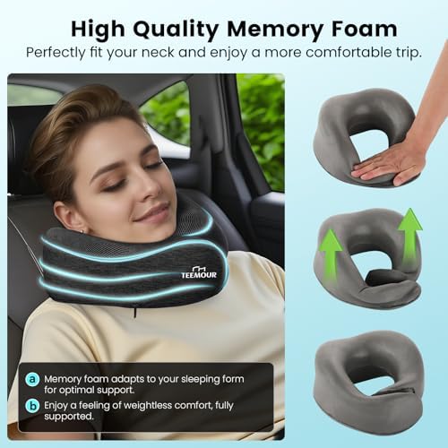 Travel Pillow for Adults,Memory Foam Airplane Pillow with 360 Neck Support, Includes Storage Bag, Eye Mask, Ear Plugs, Adjustable Travel Pillow for Long Flights,Train,Car & Business Trips(Dark Grey) - Image 4