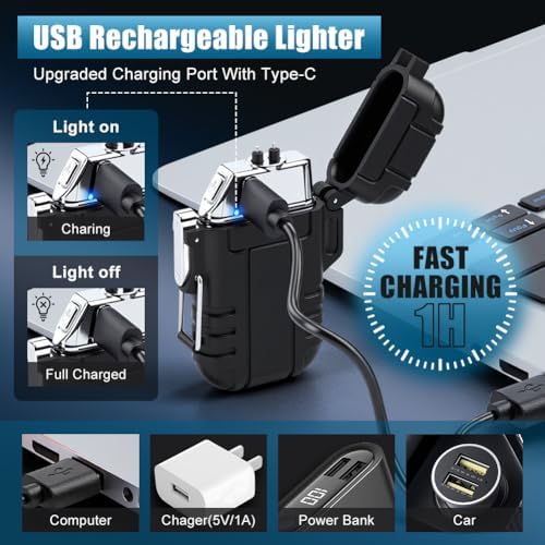 Electric Lighter Rechargeable USB C, Electronic Plasma Arc Lighter Waterproof and Windproof Weatherproof for Camping Hiking Survival, Portable Black Lighters Gifts for Men - Image 4