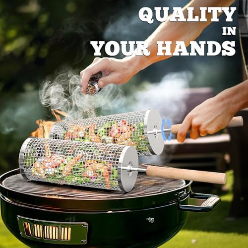 ivtivfu BBQ Rolling Grill Basket Set, Removable Wooden Handle,304 stainless steel,Nesting Grilling Net,BBQ Accessories Tools for Vegetables Shrimp,Outdoor Cooking Camping,Birthday Gifts for men Dad - Image 3