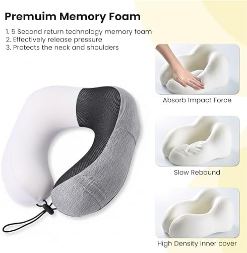 Travel Pillow for Airplane- Premium Memory Foam with 100% Pure Cotton Cover Neck Pillow for Travel- Adjustable U-Shaped Flight Pillow with Eye Mask, Ear Plugs, Carry Bag & Carabiner Clip - Image 5
