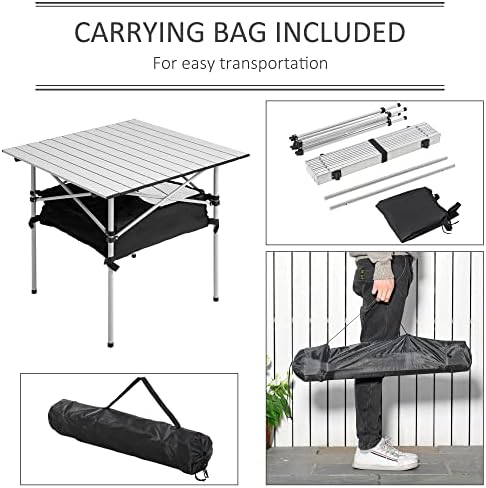 Outsunny 70cm Aluminum Roll-Top Table w/Mesh Bag Camping Outdoor Dining Foldable w/Steel Frame Picnic Lightweight Hiking Furniture Desk, Silver - Image 5