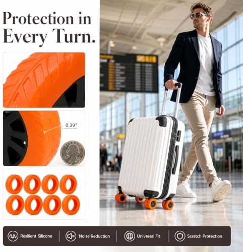 Kemay Upgraded Silicone Suitcase Wheel Protectors 8-Pack Anti-Noise Luggage Wheel Covers for 2-2.4 Inch Spinner Wheels Wear-Resistant Travel Accessories Small Suitcase Covers Protectors Orange - Image 7