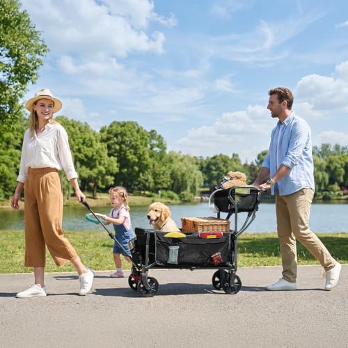 EVER ADVANCED Folding Push & Pull Trolley with Brake, Shopping Basket, Cup Holder, Side Pocket, Beach Trolley up to 100 kg for Camping, Beach, Shopping Black - Image 2