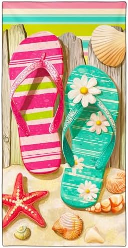 Flip Flop & Starfish Beach Towel, Extra Large 180x90 cm 250GSM Microfibre, Sand Free Quick Dry, Ideal Vacation Gifts with Carry Bag for Pool Cruise Camping