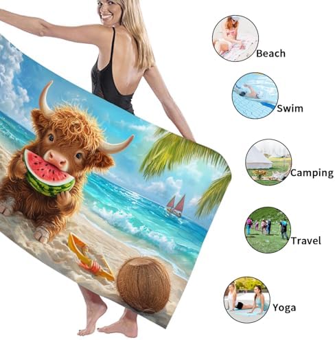 Cute Highland Cow Beach Towel Kids Beach Blanket, Fun Fanciful Design Quick Dry Soft Absorbent Sand Free Beach Essentials for Summer Vacations Pool 70x35 Inch - Image 5