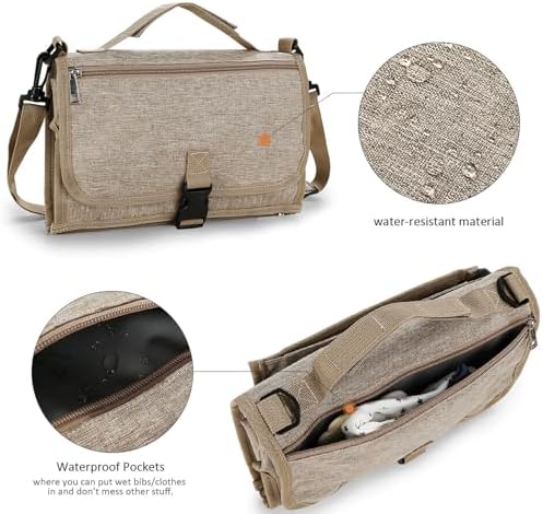 Bebamour Portable Nappy Changing Mats with Wipes Pocket Travel Baby Changing Pads with Head Cushion for Infants Waterproof Diaper Changing Pads Newborn Essentials, Khaki - Image 5