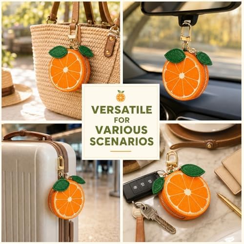 Mini Coin Purse Keychain, Orange Fruit Leather Coin Pouch Charm, Small Zipper Bag for Handbags, Backpacks & Accessories for Girls and Women - Image 6