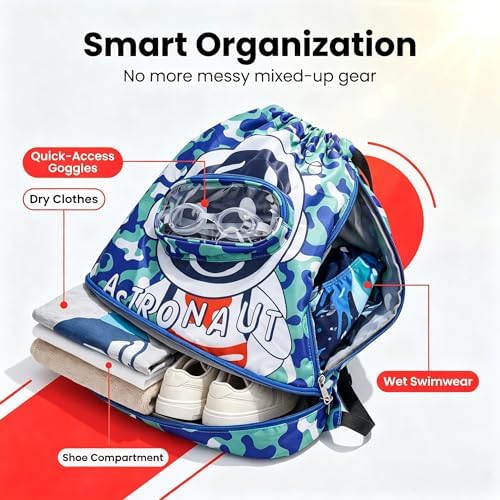LUVDECO Drawstring Bags for Kids, Waterproof Swim Backpack with Separate Dry & Wet Compartments and Shoe Goggles Pocket, Lightweight Gym Sports Sack Boys Girls Beach Swimming Pool School (spaceman) - Image 3