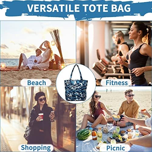 Foldable Beach Bags for Women with Zip, 22.7L Water Resistant Medium Summer Holiday Tote Bag Lightweight Sandproof for Swimming Pool Cruise Sea Wave - Image 7