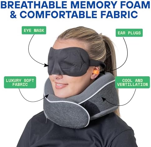 Relaxd Travel Pillow for Adults | Adjustable Memory Foam Neck Pillow for Travel | 360 Degree Neck Support | Removable Pillow Case | Includes Eye Mask, Earplugs, Travel Bag | Dark Grey | UK Brand - Image 6