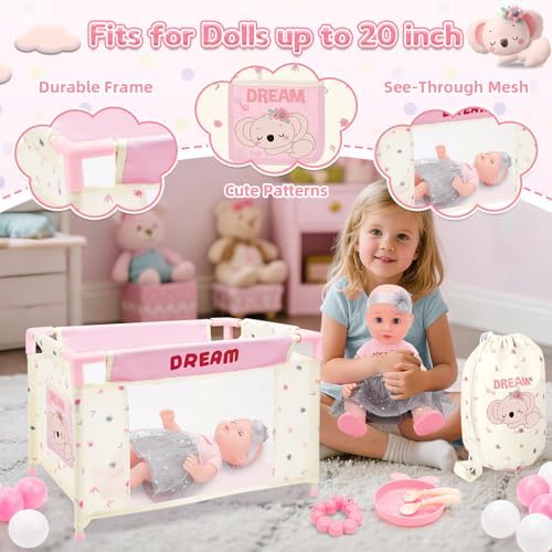 deAO Baby Doll Stroller Playset for Kids Baby Doll Accessories with 14" Doll, Cot and Pram, Play Tent, Feeding Set, Storage Travel Bag and Balls, Pretend Play Nursery Set for Girls Toddlers - Image 4