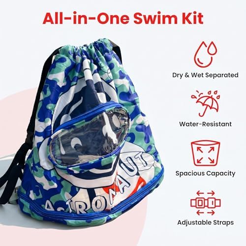 LUVDECO Drawstring Bags for Kids, Waterproof Swim Backpack with Separate Dry & Wet Compartments and Shoe Goggles Pocket, Lightweight Gym Sports Sack Boys Girls Beach Swimming Pool School (spaceman) - Image 4