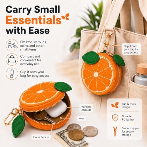 Mini Coin Purse Keychain, Orange Fruit Leather Coin Pouch Charm, Small Zipper Bag for Handbags, Backpacks & Accessories for Girls and Women - Image 4