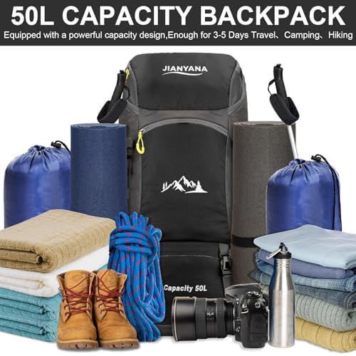 jianyana Hiking Backpack Waterproof 50L Foldable Rucksack Durable Lightweight Camping Bag with Rain Cover for Camping Trekking Hiking Walking Cycling Climbing Outdoor Sports for Women Men - Image 3