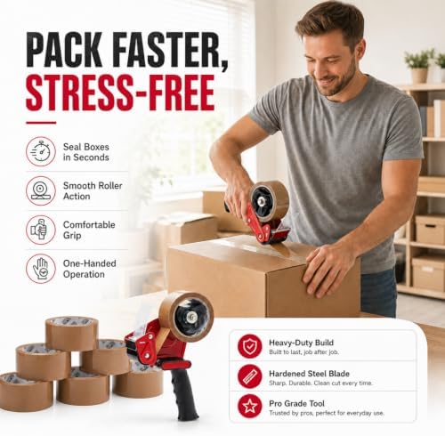 Fit For The Job Brown Parcel Tape Gun and Dispenser - Heavy Duty Packing Tape Dispenser for Efficient Sealing and Packing Needs - 6 Rolls - Image 2