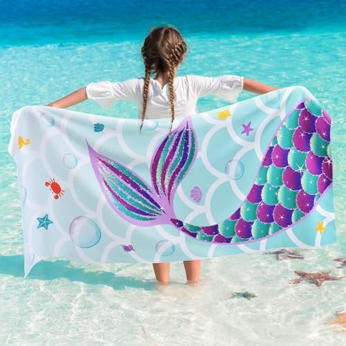 WERNNSAI Beach Towel for Kids, 76 x 150cm Mermaid Microfibre Quick Dry Sand Free Pool Towel for Girls Super Absorbent Bath Pool Camping Holiday Essentials Travel Towels for Summer
