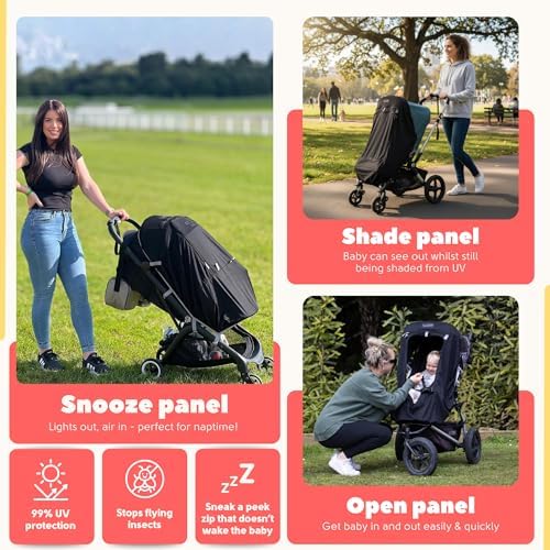 SnoozeShade Plus Extra Pram and Stroller Sun Shade Cover Blocks 99% UV UPF50+ Baby Sleep Aid and Breathable Blackout Canopy for Pushchairs Buggies and Travel Strollers | Blocks up to 99% of UV. Universal fit for pushchairs and buggies. See-out window panel, mosquito net, blackout snooze panel - Image 2