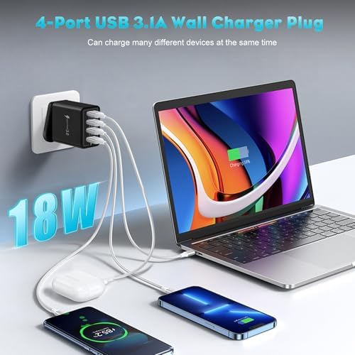 Multi USB Plug Charger UK, 4-Port USB Wall Charger Plug, Charging Power Adapter with Smart Device-Adaptive Charging Technology for All Smartphone (Black) - Image 2