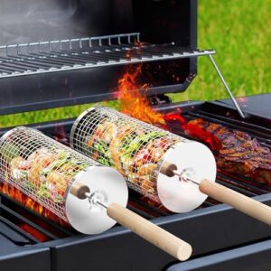 ivtivfu BBQ Rolling Grill Basket Set, Removable Wooden Handle,304 stainless steel,Nesting Grilling Net,BBQ Accessories Tools for Vegetables Shrimp,Outdoor Cooking Camping,Birthday Gifts for men Dad
