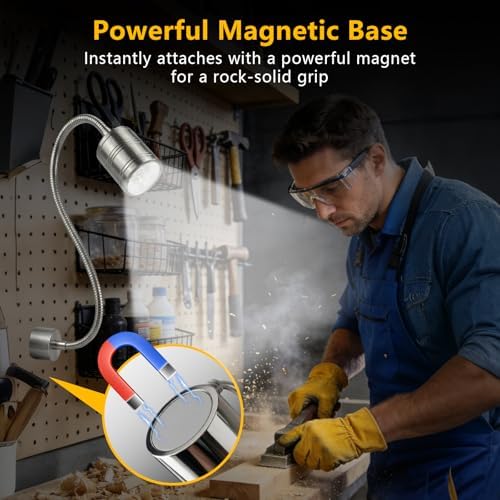 Magnetic Work Light, 10W 6500K LED Machine Light with Flexible Gooseneck & Strong Magnetic Base for Workbench, Sewing, Lathe, Grill, Shop, Industrial Lighting (Silver) - Image 2