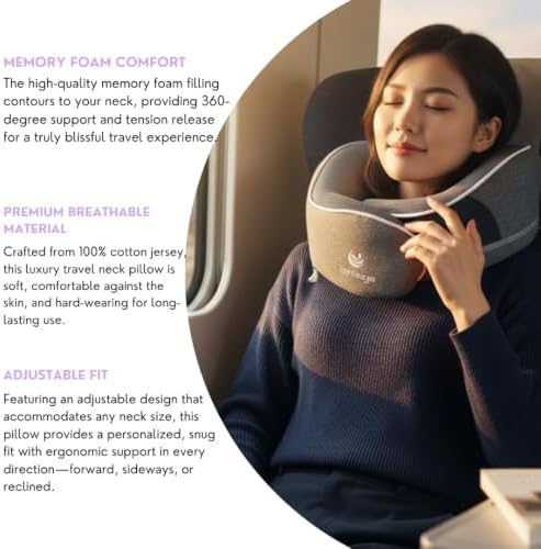 Luxury Memory Foam Travel Neck Pillow, 100% Cotton Jersey, 360° Support, with Mesh Travel Case, Flight Cushion, Eye mask and Ear Plugs, Essentials for flying, Adjustable Size, UK Brand (Latte) - Image 4