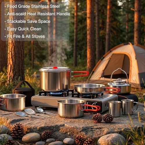 18/8 Stainless Steel Camping Cookware Set, Family Size 6 to 8 People Pots and Pans with Utensils and Kettle, Outdoor Cooking Kit with Carrying Bag - Image 8