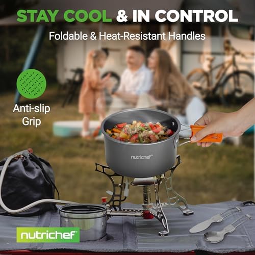 NutriChef Camping Cookware Set - Lightweight Nonstick Pots, Pans, Utensils, Bowls, Cutlery, and Cleaning Tools with Mesh Bag, Foldable Handles, Compact Outdoor Cooking Gear for Hiking & Travel (Grey) - Image 6