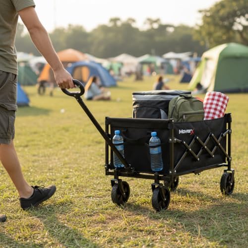MoverX 70L Festival Trolley on Wheels, Folding Wagon, Portable Camping Cart, Collapsible Foldable Trolly for Beach Outdoor Garden Picnic Shopping Fishing, Adjustable Handle, Black - Image 3