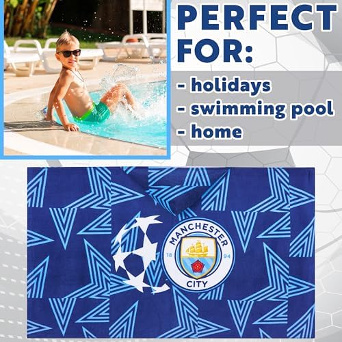 Get Trend Manchester City FC Hooded Towels for Boys, Cotton Bath & Beach Towel Poncho, Soft & Absorbent Hooded Kids Shower Swimming Wrap & Changing Robe, Travel & Holiday Essentials (Navy Man City) - Image 2
