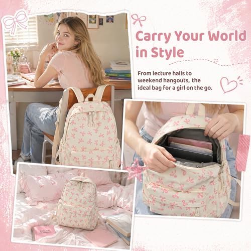 Pink Bow School Backpack for Girls, Kawaii Preppy Aesthetic Rucksack with Adjustable Straps & Cute Keychain, 15L Durable Bookbag for Teens, Primary & Secondary School Students - Image 3