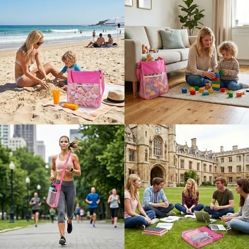 Mesh Beach Bags with Zipper,Pink and Mint Green Mesh Bag,Shell Collecting Bag Beach Sand Toy,Beach Essentials Accessories Gifts for Boys and Girls Summer Vacation (Only Bags) (1, Pink) | mesh beach bag - Image 6