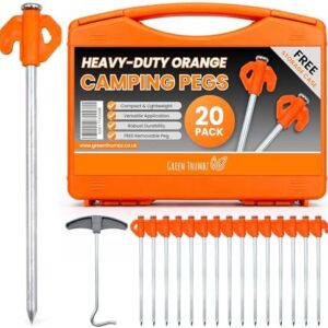 Heavy Duty Tent Pegs - 20cm x 20 Pack Orange Hard Ground Tent Pegs, Camping Pegs, Awning Peg for outdoors, Strong Galvanized Steel with Storage Case and Peg Remover