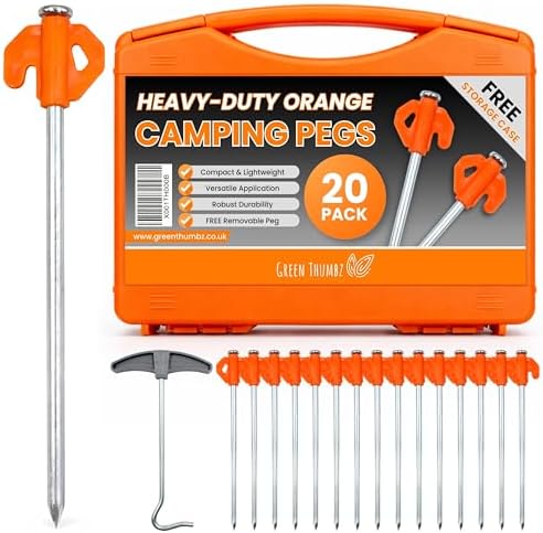 Heavy Duty Tent Pegs - 20cm x 20 Pack Orange Hard Ground Tent Pegs, Camping Pegs, Awning Peg for outdoors, Strong Galvanized Steel with Storage Case and Peg Remover