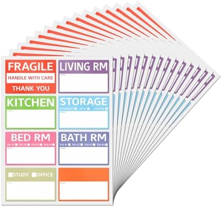Home Moving Labels Vinyl 8 Color Coded Packing Box Stickers with Fragile and Blank Customizable Writable Notes Areas Tag 76.2 × 50.8 mm for House Wardrobe Furniture Apartment 128 PCS