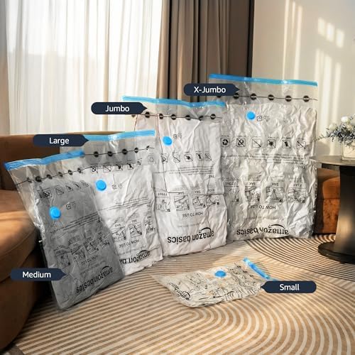 Amazon Basics Vacuum Compression Zipper Storage Bags with Airtight Valve and Hand Pump, Medium, 5-Pack, Clear - Image 7
