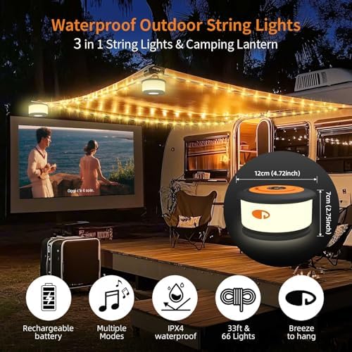 TOHETO Camping String Lights, 3 in 1 Upgraded Retractable RGB Outdoor String Lights with 19 Lighting Modes,Quick 30s Recovery, 32.8 FT Portable Tent Lights, Rechargeable Camping Lantern (Black&Orange) - Image 6