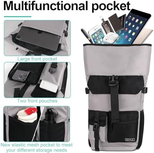28 L Roll Top Backpack Mens, Large Waterproof Rucksack Womens, School Bag with Laptop Compartment 17 inch, Waterproof Backpack for Travelling Rucksack for University bag Business Sports, Grey - Image 3